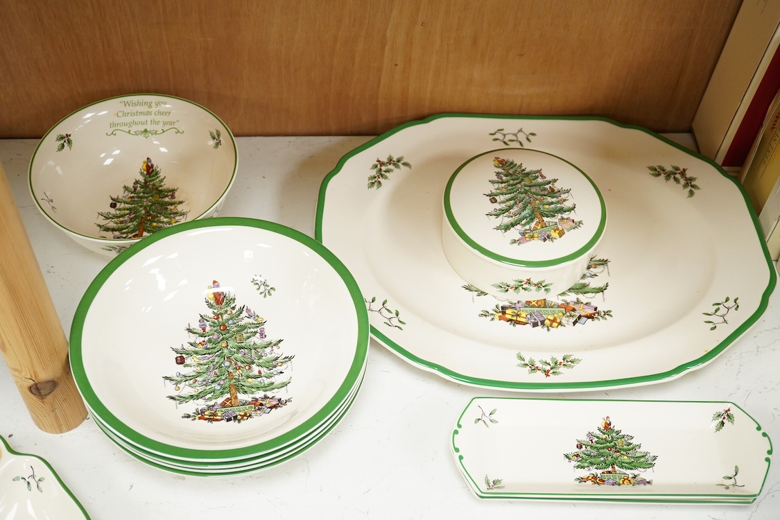 A Spode table service, Christmas Tree pattern. S 3324 to include a set of four bowls, platter and dishes, with some boxes, largest 36cm wide